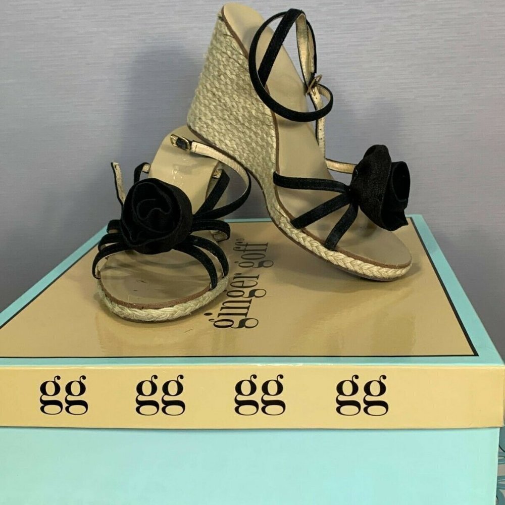 Ginger Goff Kennedy Heel Womens 7 Black Kid Suede Strappy Rattan Wedge Sandal
